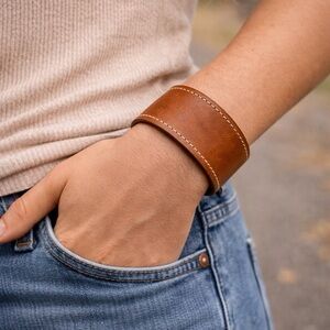 Western Boho Hide Leather Cuff Bracelet with small money pocket